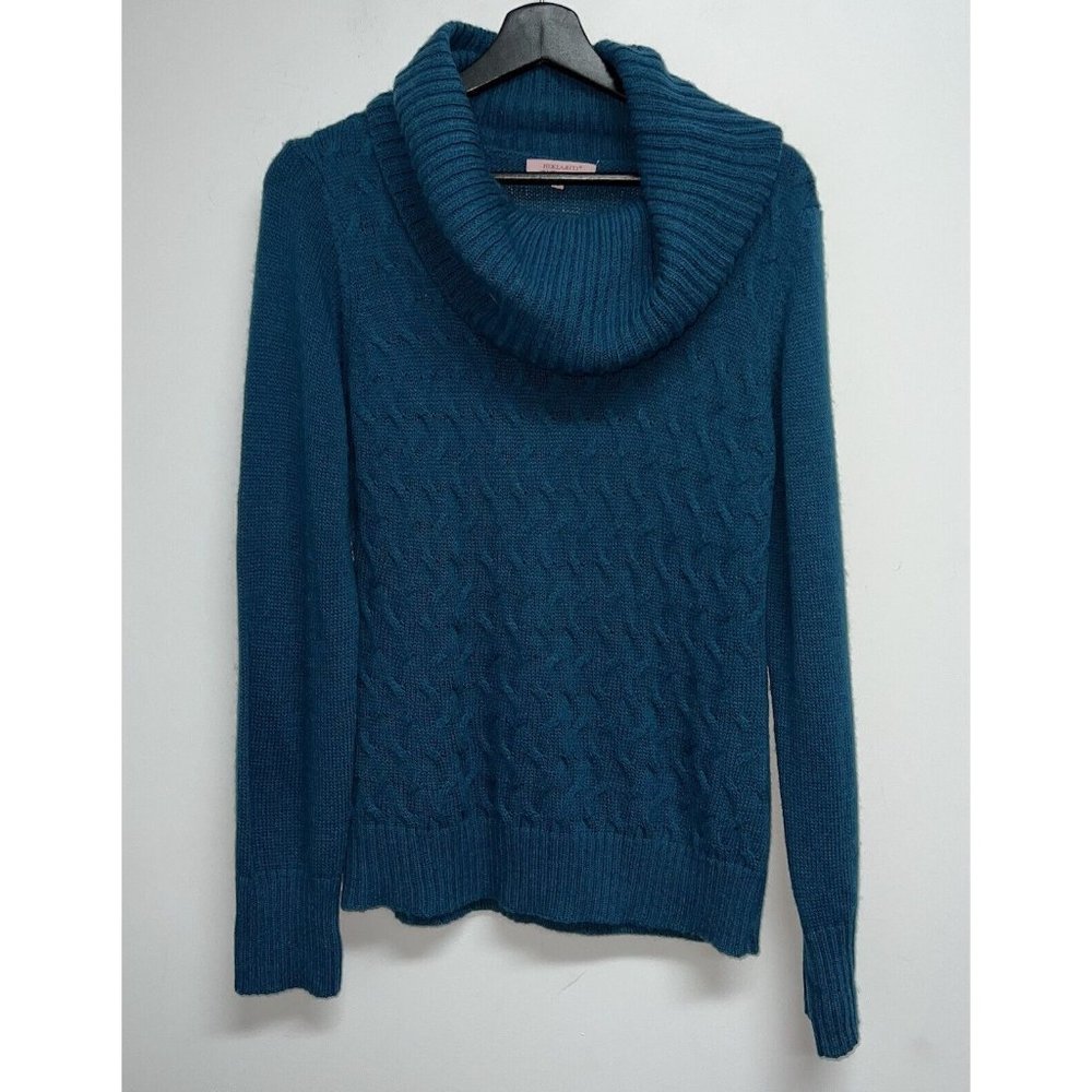 Hekla & Co Italy Womens Cowl Neck Chunky Cable Knit Wool Blend Sweater SZ L Blue